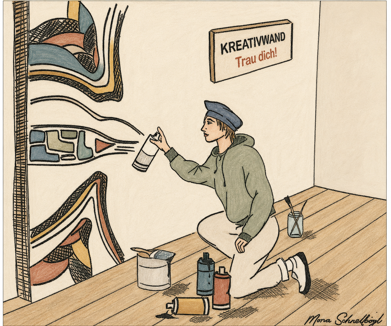 Person sprüht ein farbiges Wandbild in einem Atelier mit Schild „KREATIVWAND“.